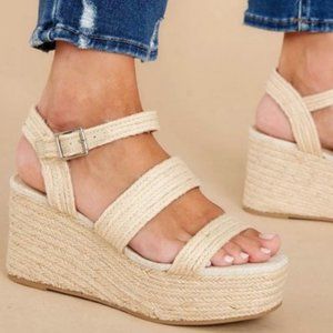 Natural Raffia Platform Wedge